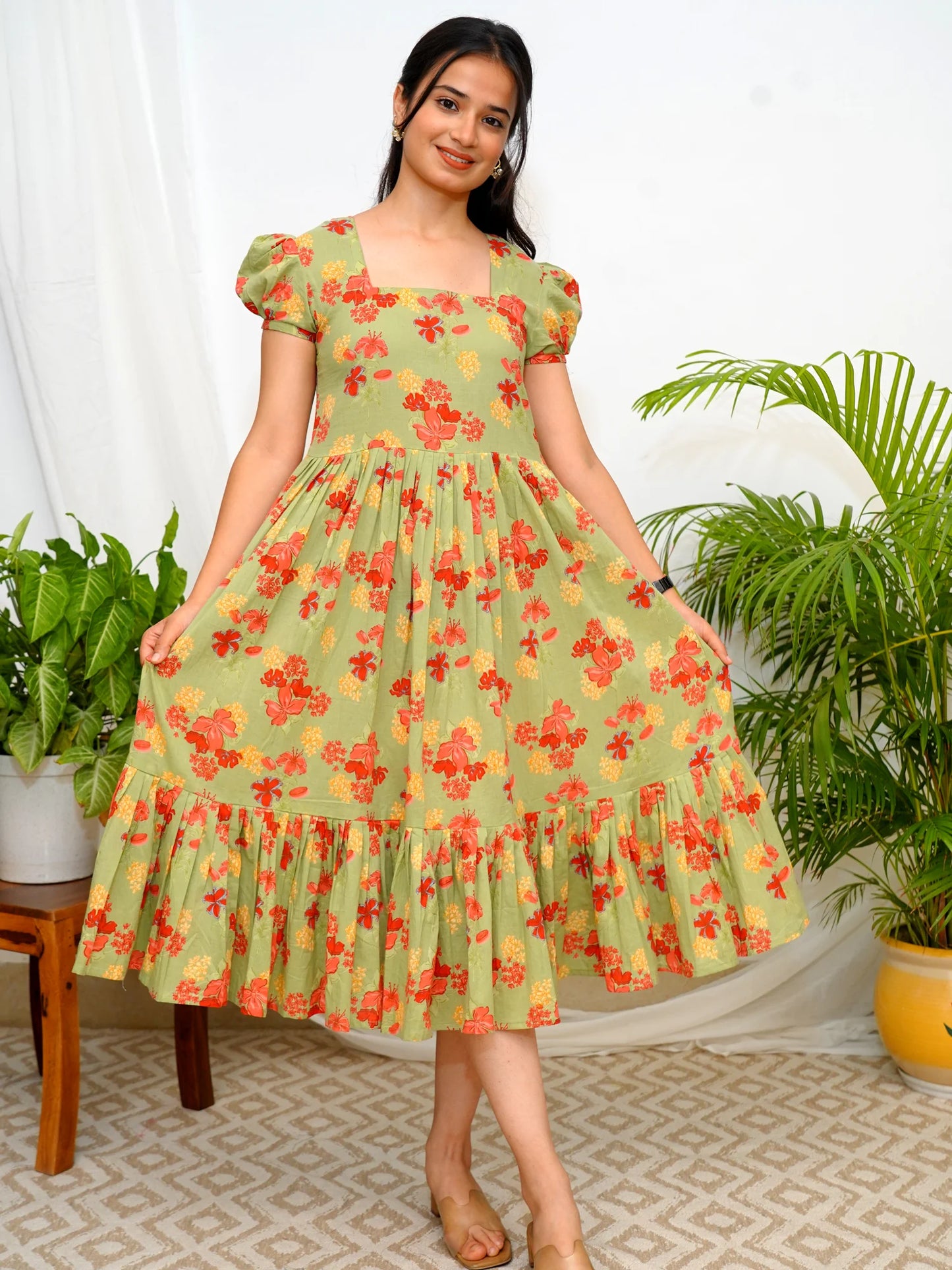 Olive Sunset Floral COTTON Tiered Dress