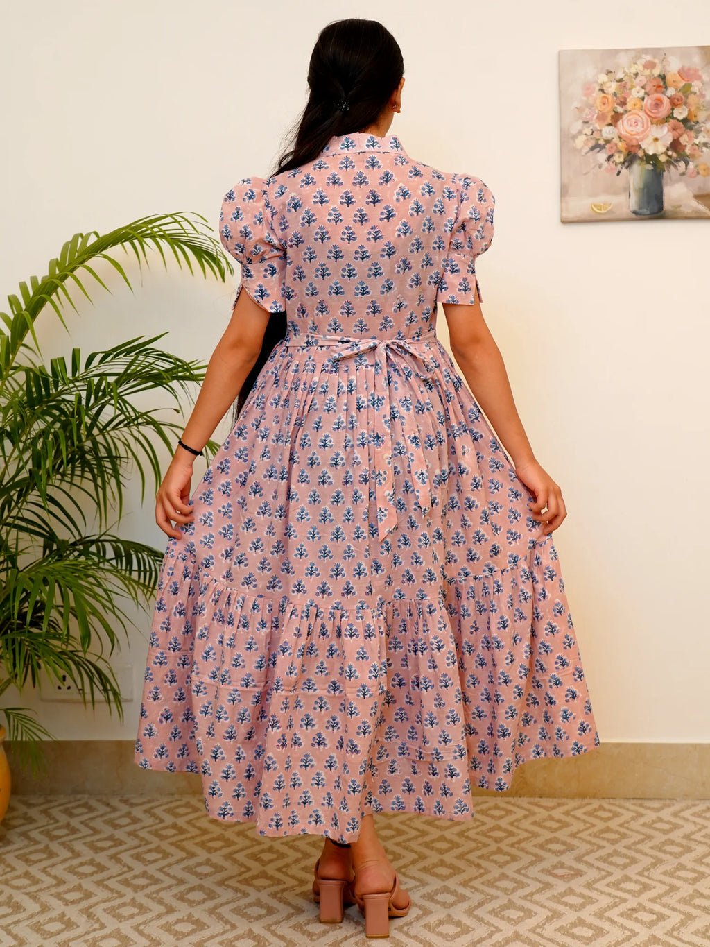 Pink Blue Breeze Block Printed COTTON Tiered Dress