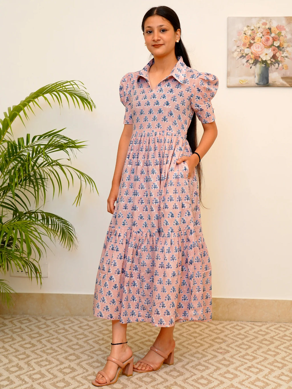 Pink Blue Breeze Block Printed COTTON Tiered Dress