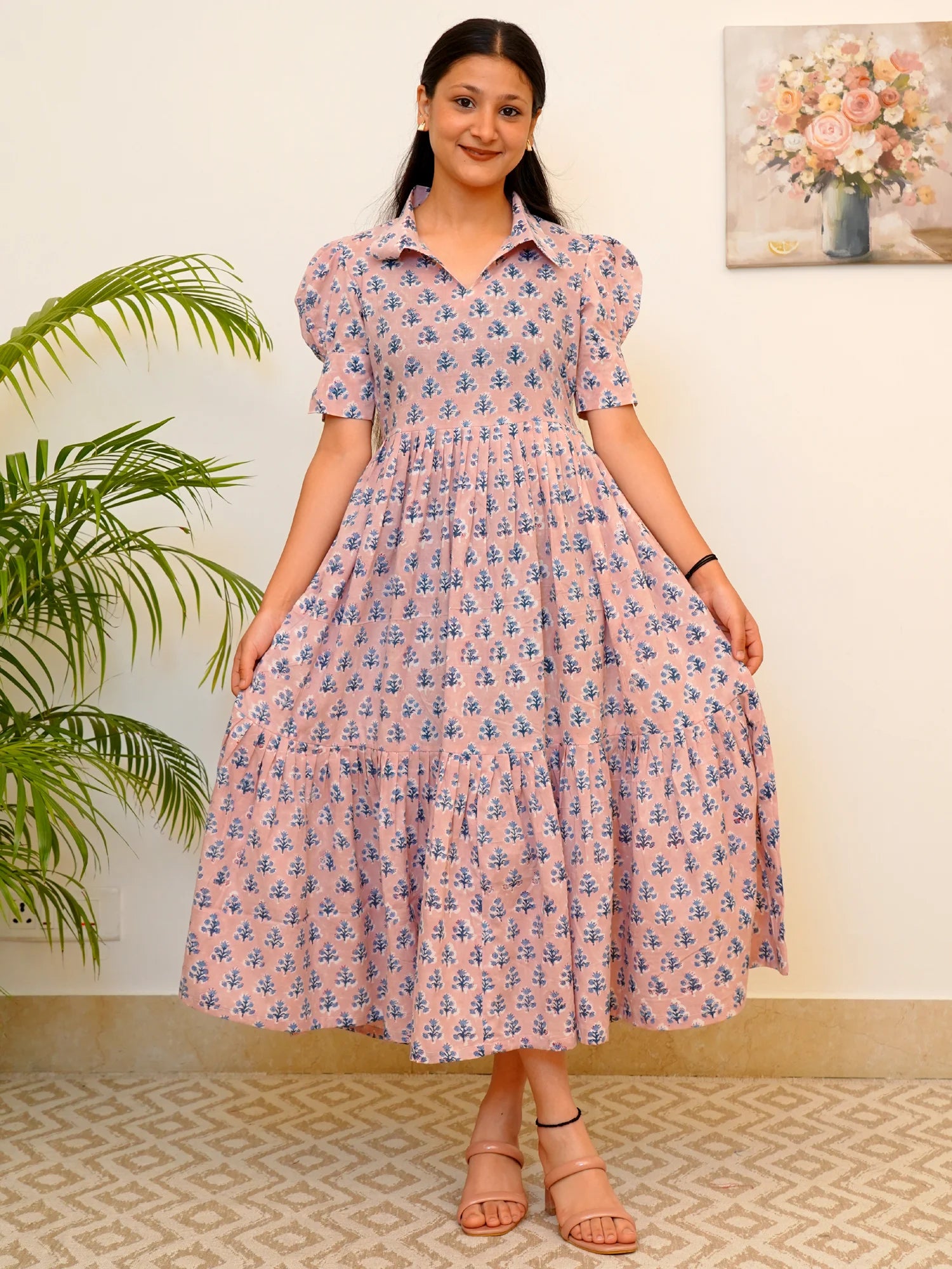 Pink Blue Breeze Block Printed COTTON Tiered Dress