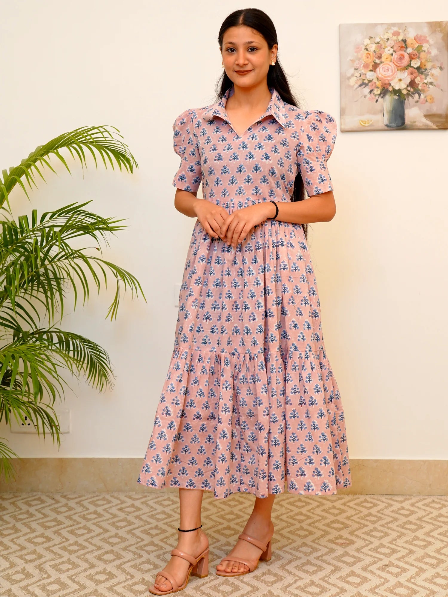 Pink Blue Breeze Block Printed COTTON Tiered Dress