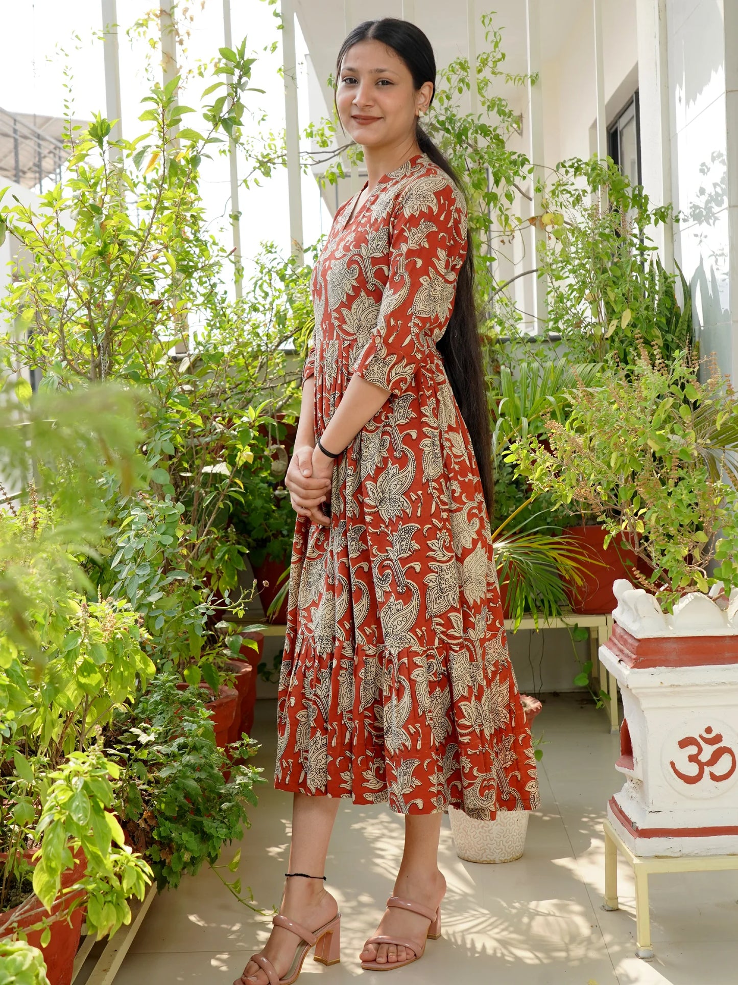 Red Earth Elegance Kalamkari COTTON Tiered Dress