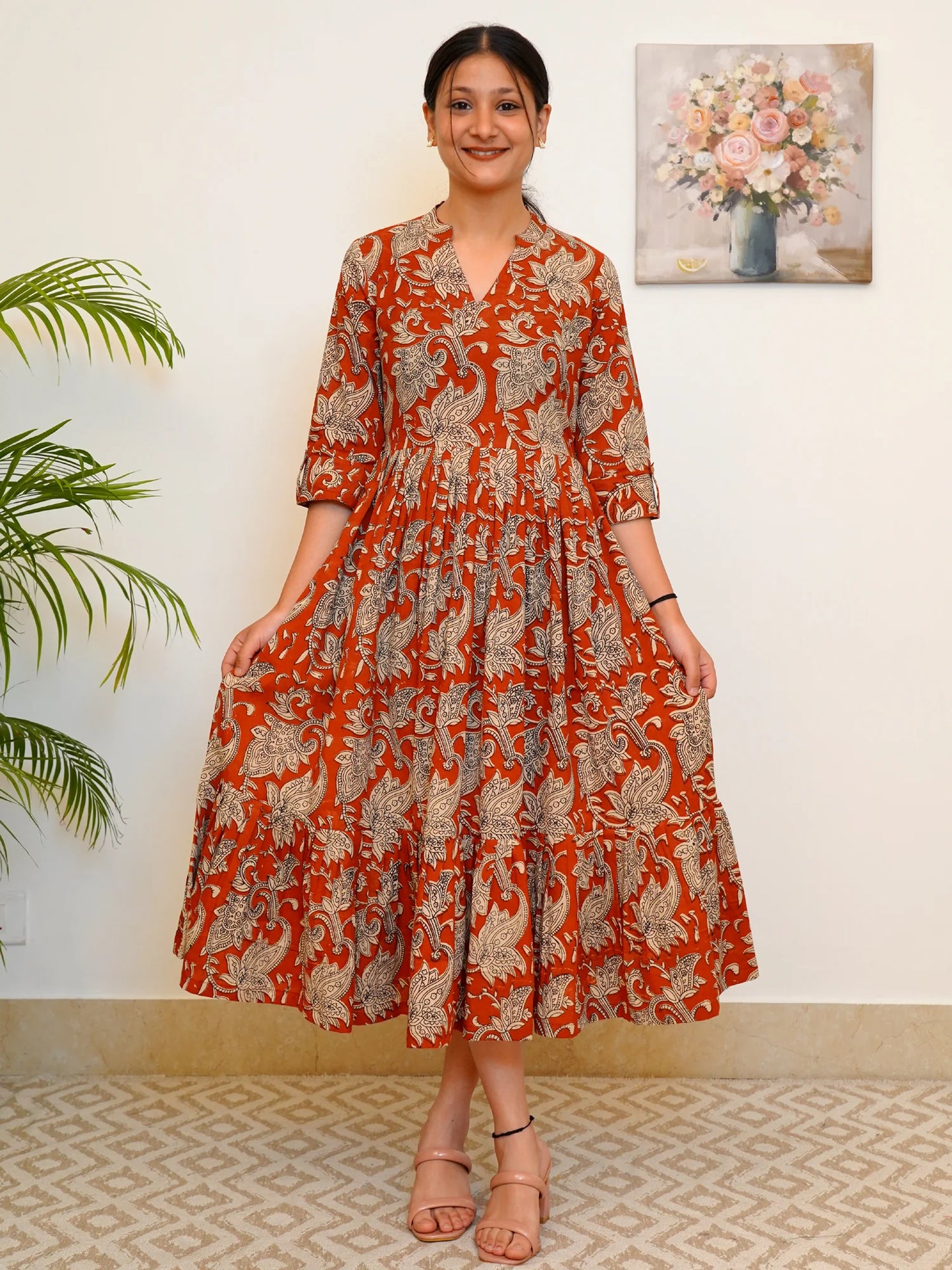 Red Earth Elegance Kalamkari COTTON Tiered Dress