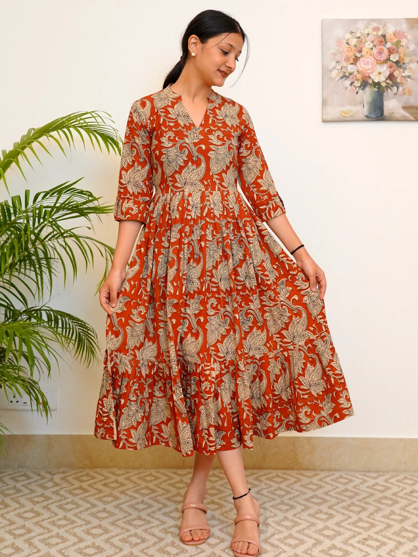 Red Earth Elegance Kalamkari COTTON Tiered Dress