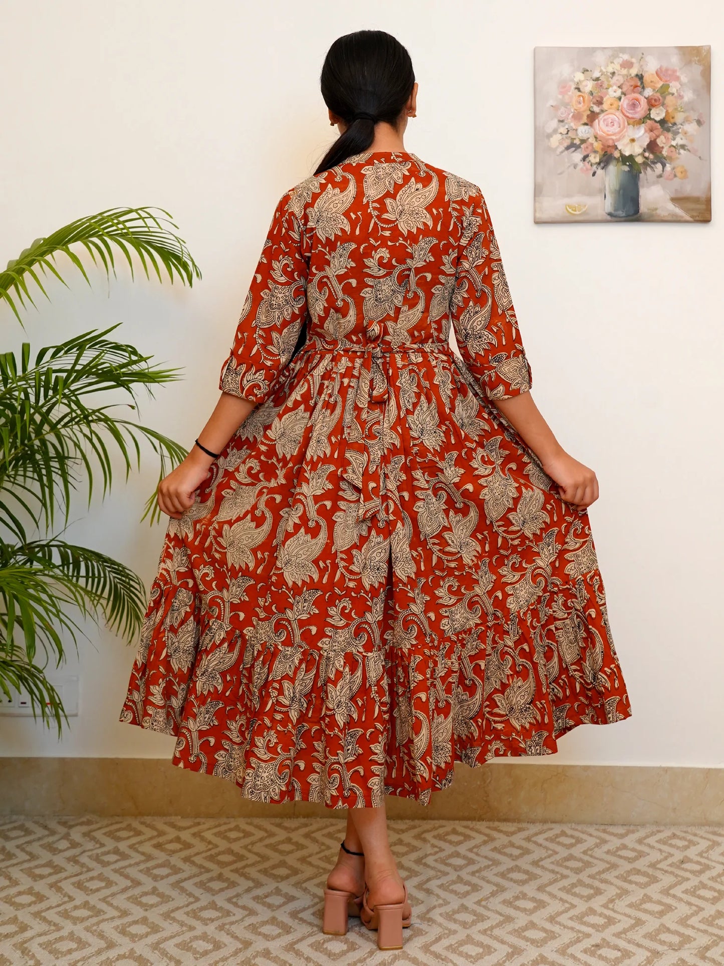 Red Earth Elegance Kalamkari COTTON Tiered Dress