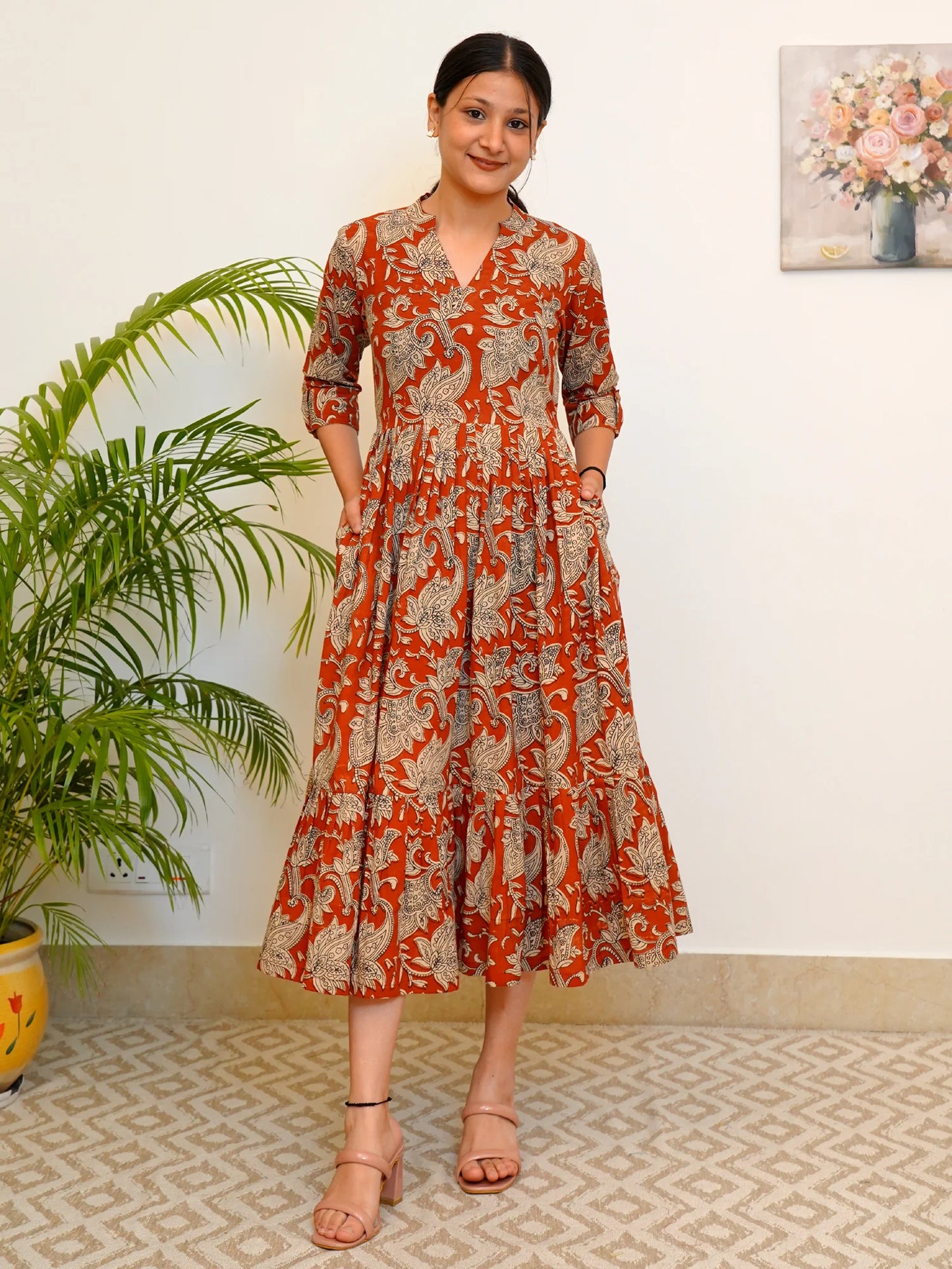 Red Earth Elegance Kalamkari COTTON Tiered Dress