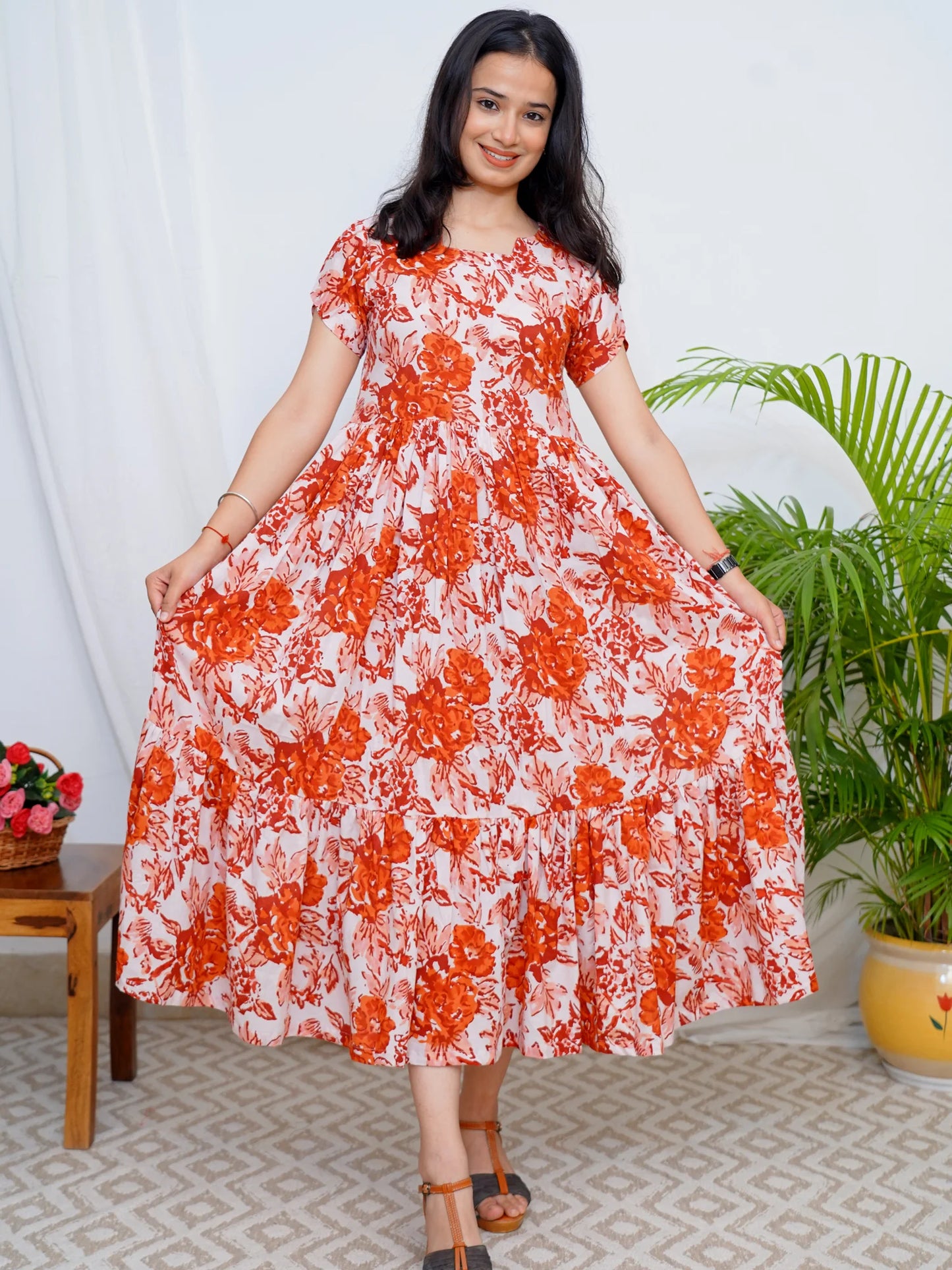 Rustic Red Rose Block Printed COTTON Tiered Dress