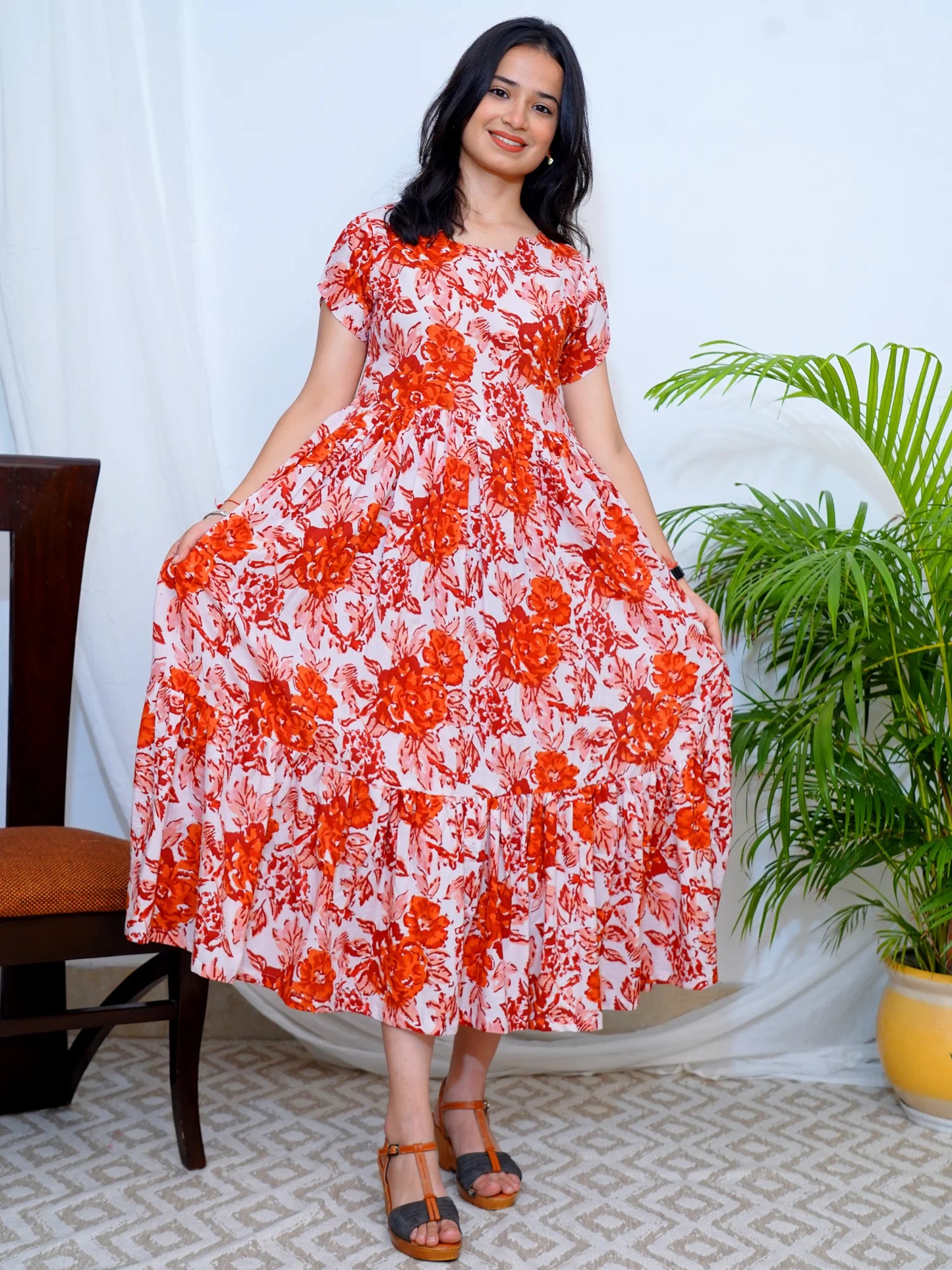 Rustic Red Rose Block Printed COTTON Tiered Dress