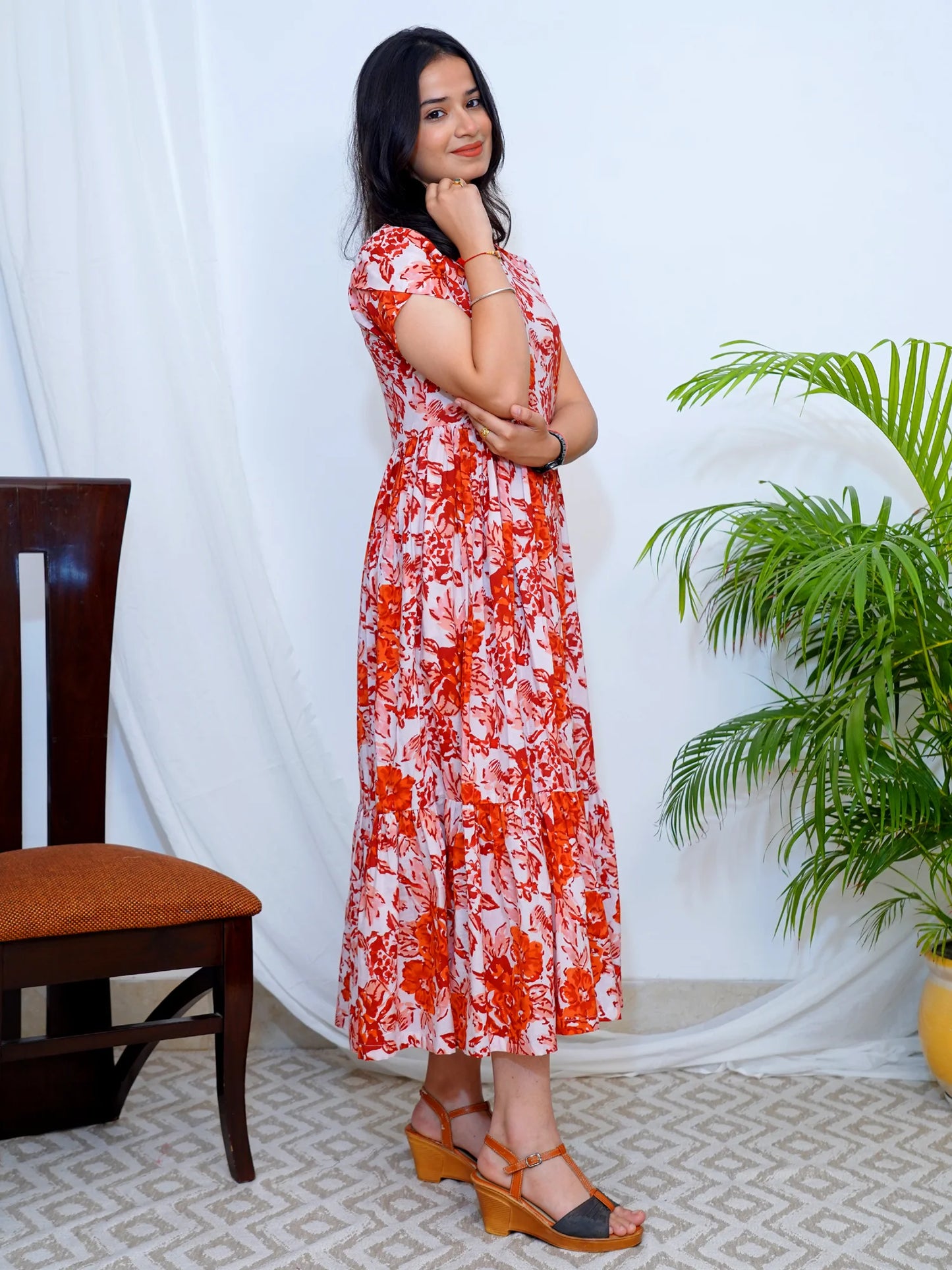 Rustic Red Rose Block Printed COTTON Tiered Dress