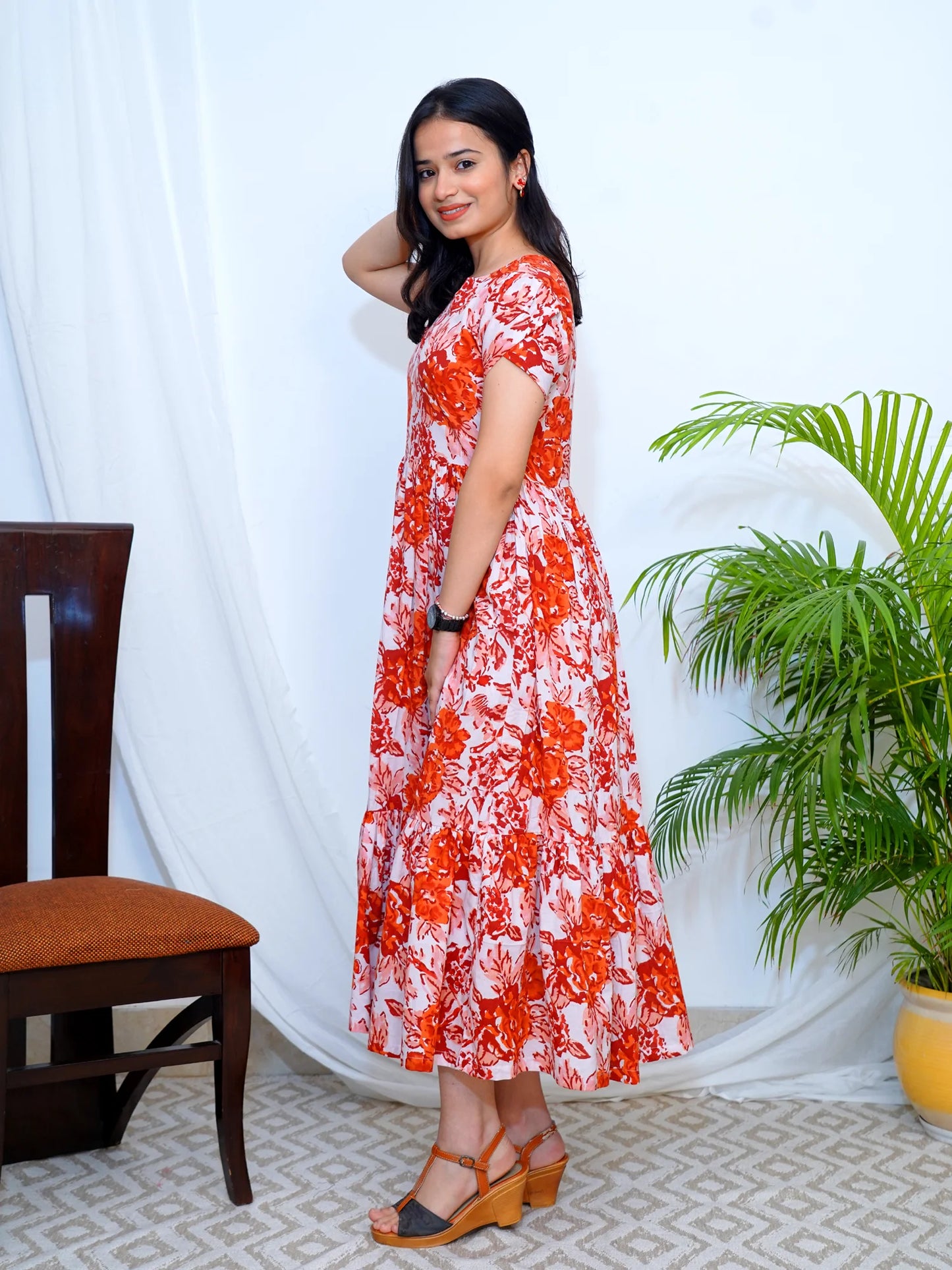 Rustic Red Rose Block Printed COTTON Tiered Dress