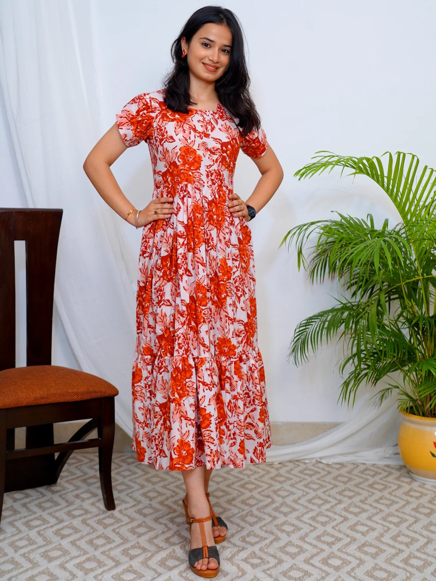 Rustic Red Rose Block Printed COTTON Tiered Dress