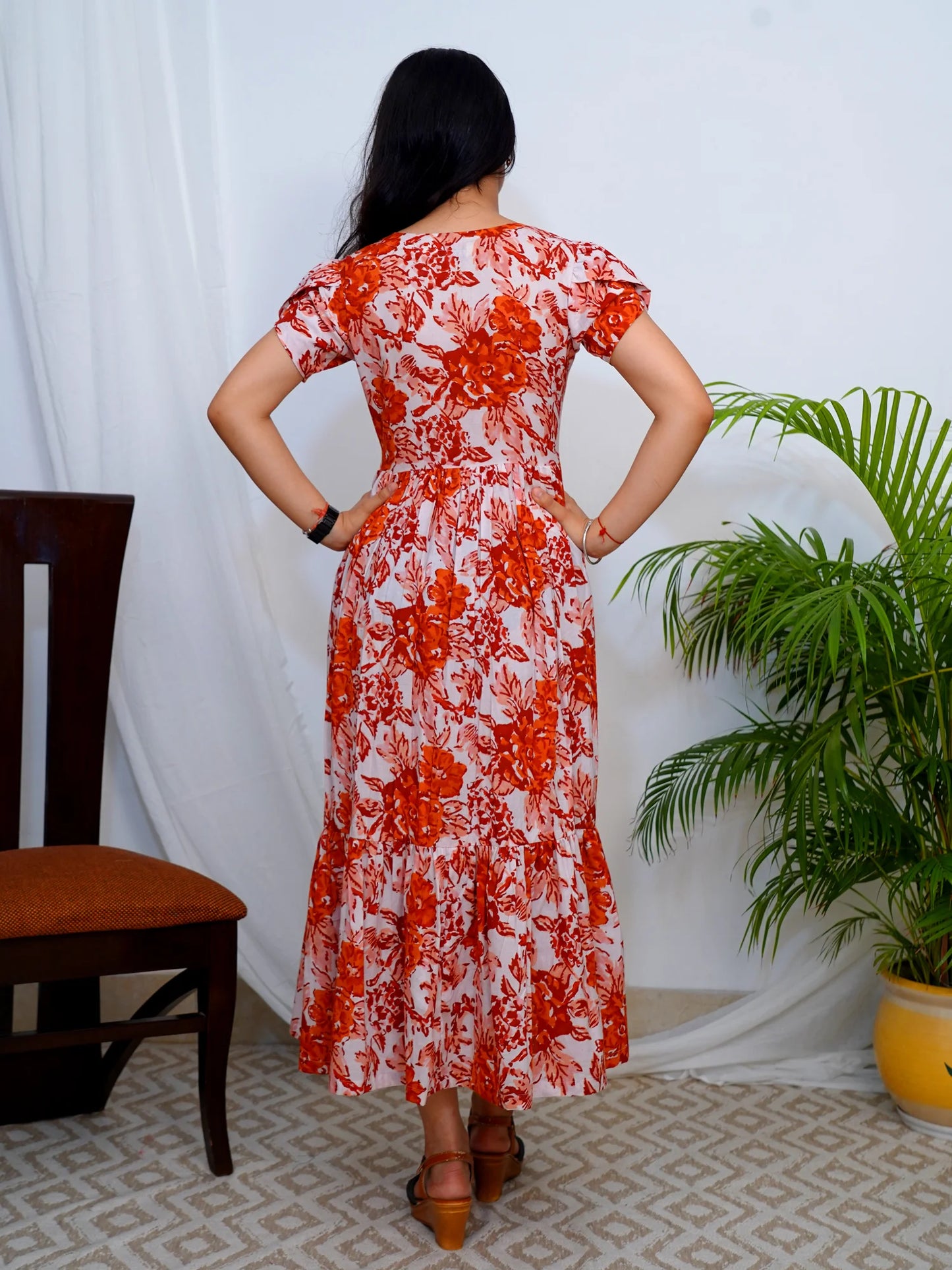 Rustic Red Rose Block Printed COTTON Tiered Dress