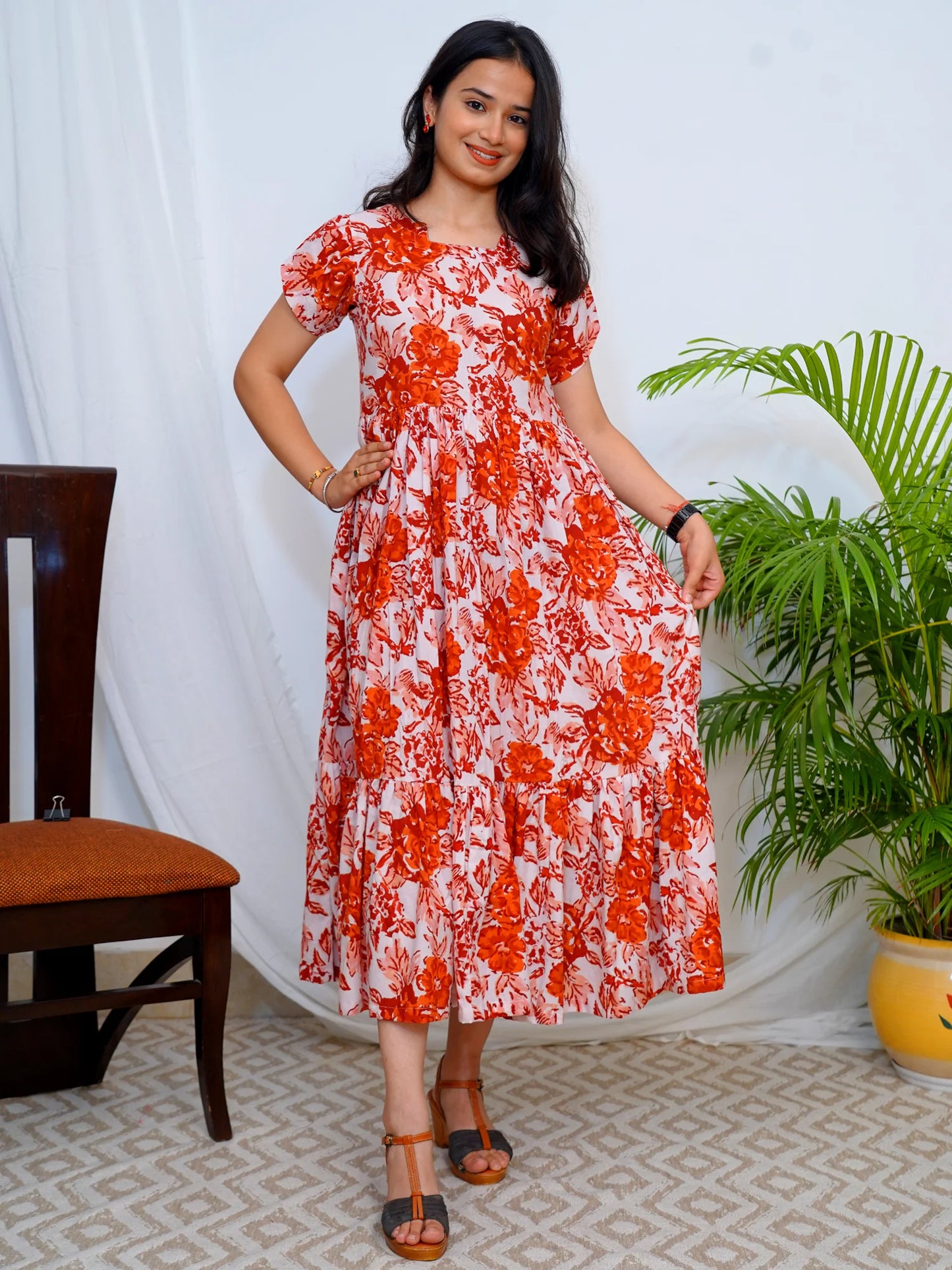 Rustic Red Rose Block Printed COTTON Tiered Dress