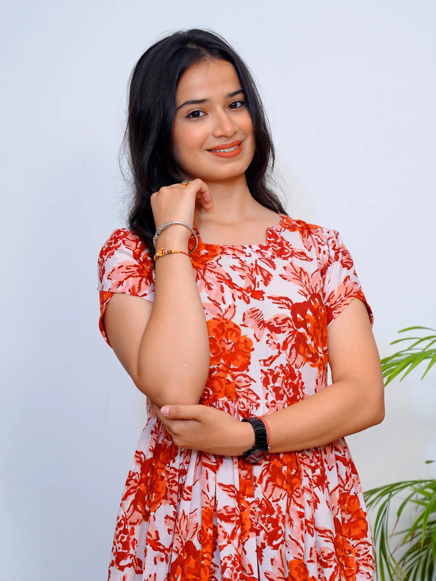 Rustic Red Rose Block Printed COTTON Tiered Dress