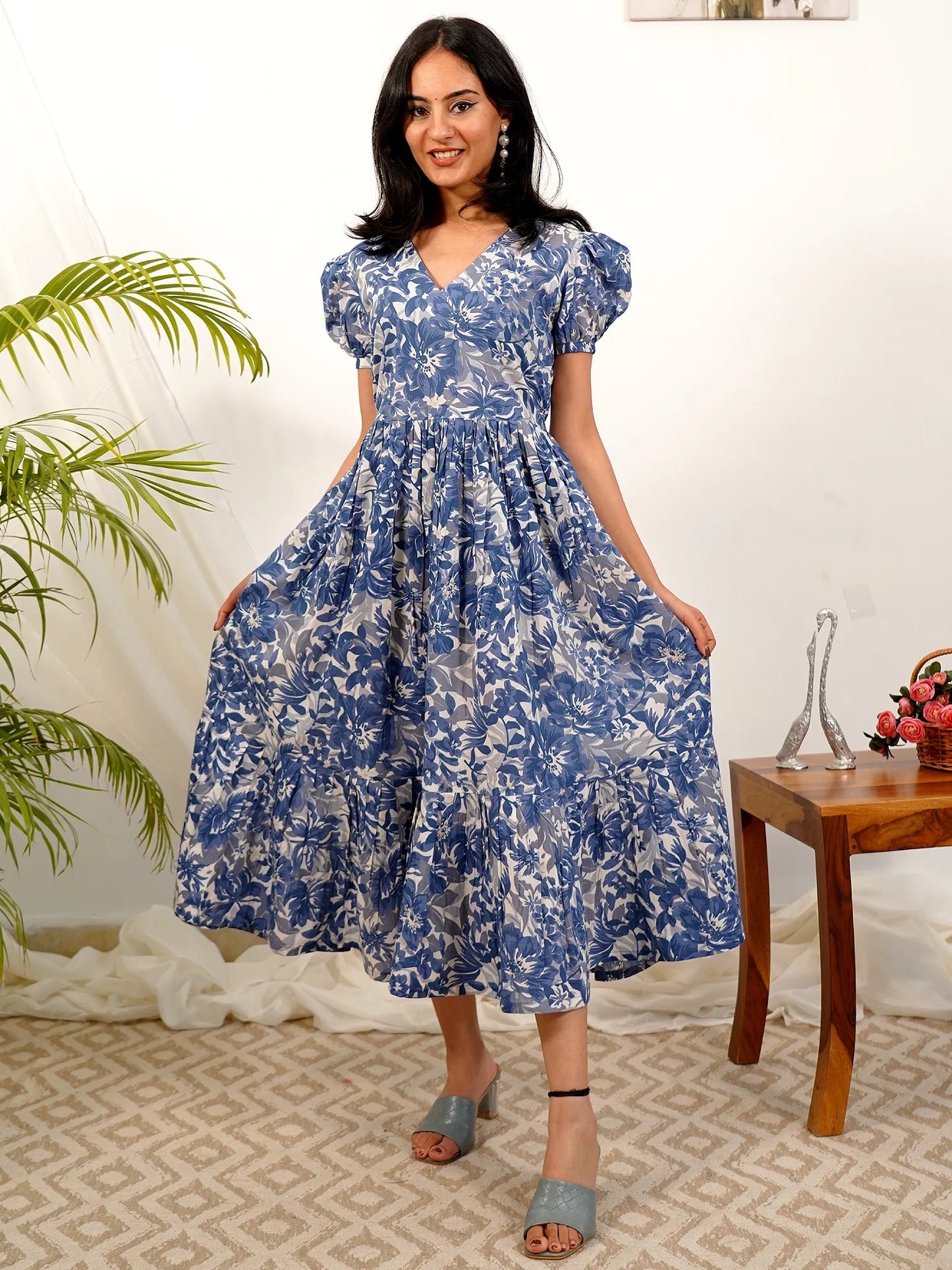 Sky Flower Elegance COTTON Tiered Dress