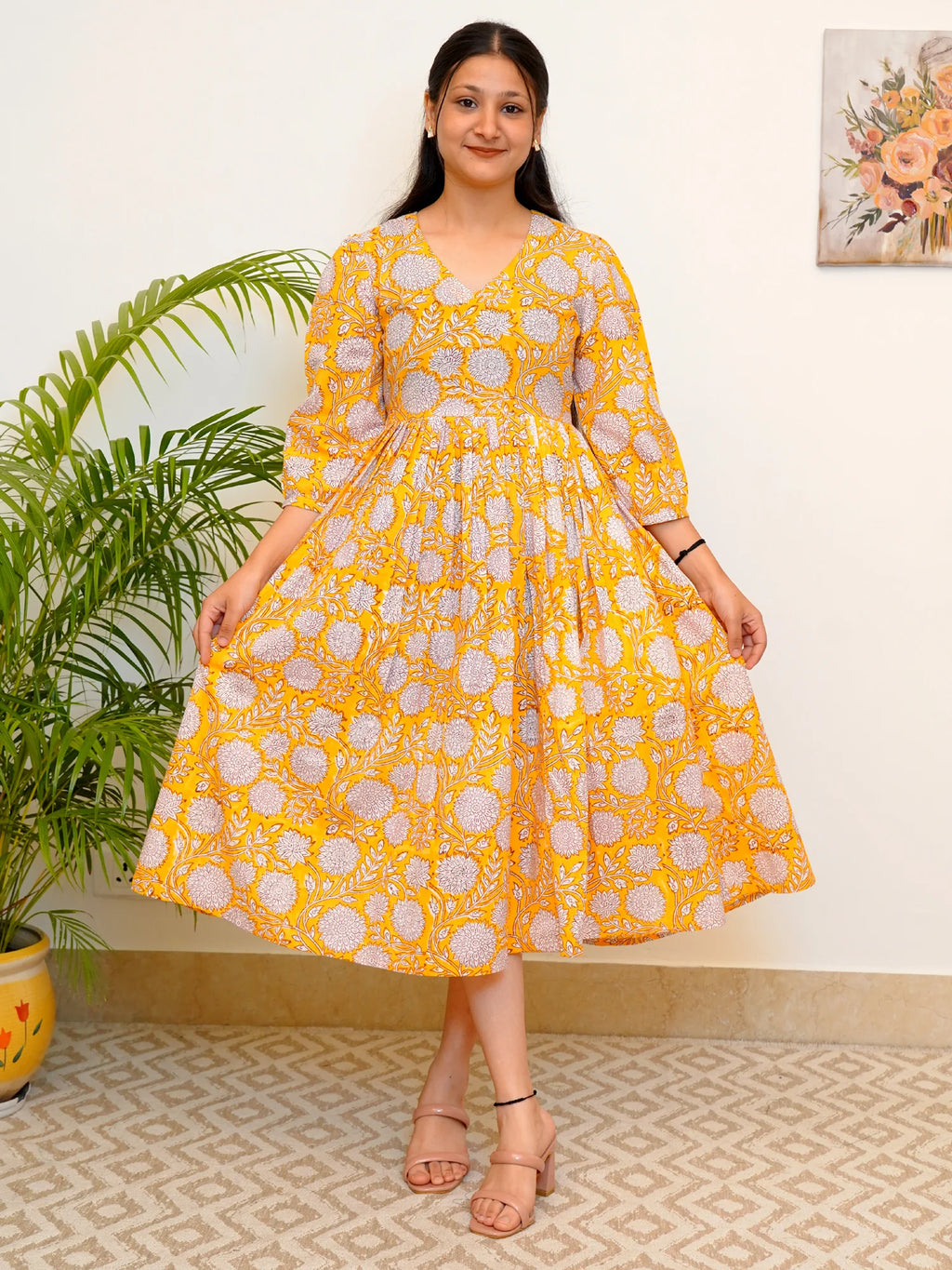 Vibrant Yellow Bloom Block Printed COTTON Dress
