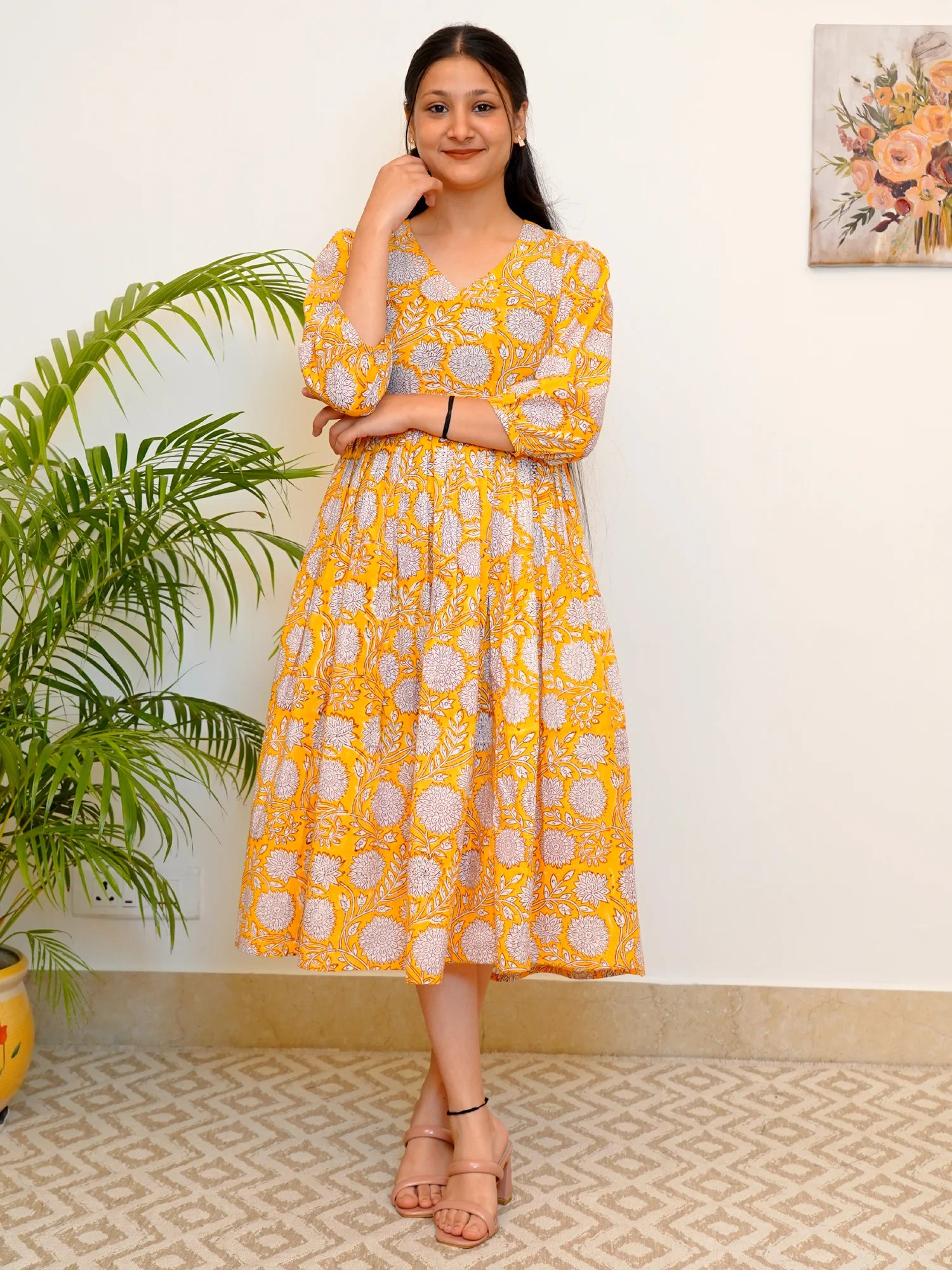 Vibrant Yellow Bloom Block Printed COTTON Dress