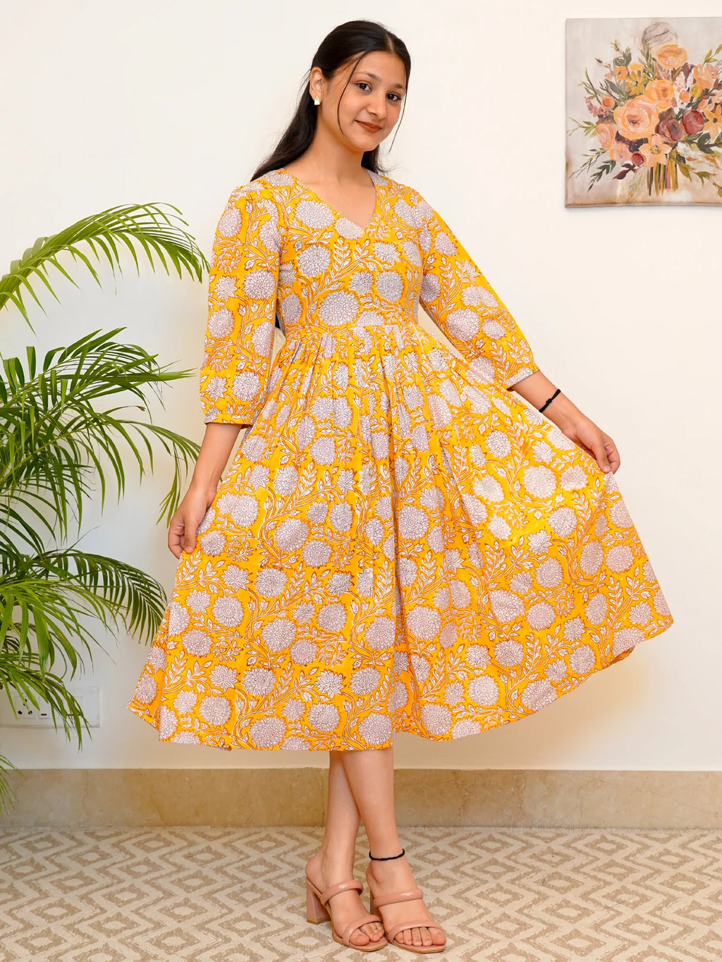 Vibrant Yellow Bloom Block Printed COTTON Dress