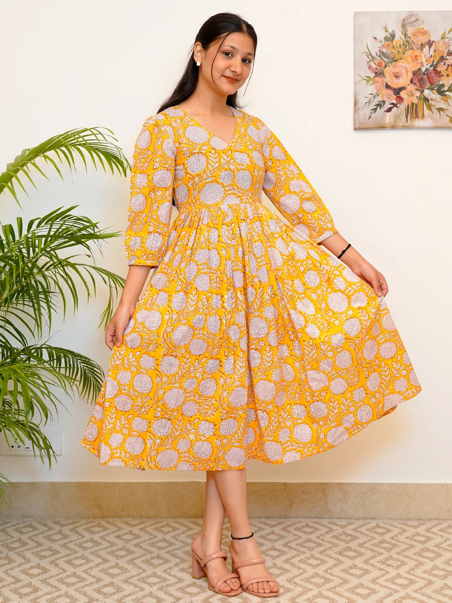 Vibrant Yellow Bloom Block Printed COTTON Dress