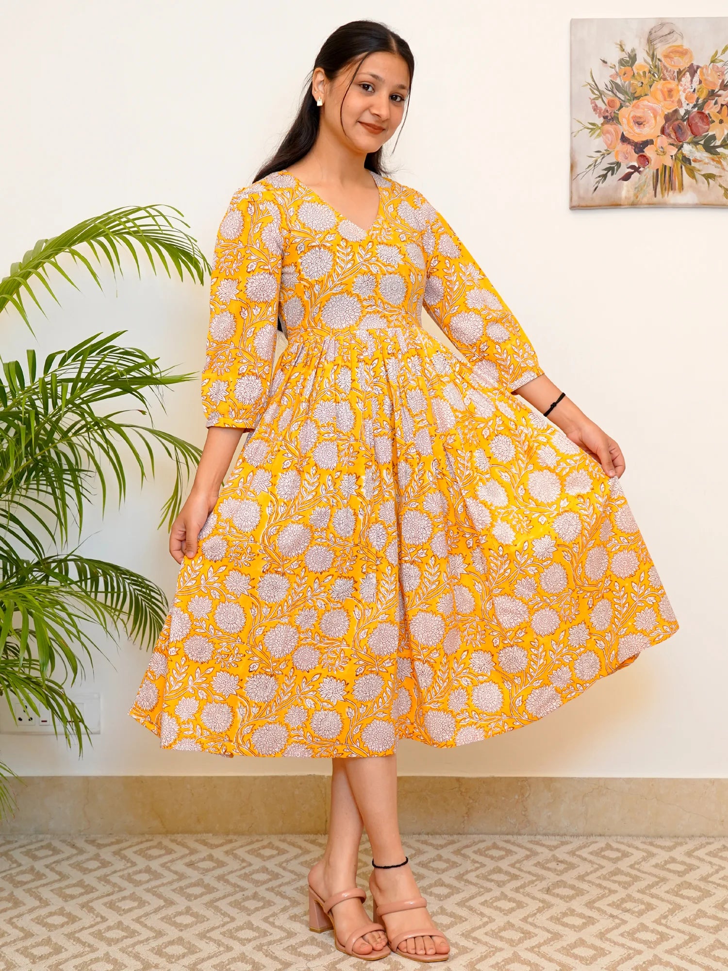 Vibrant Yellow Bloom Block Printed COTTON Dress