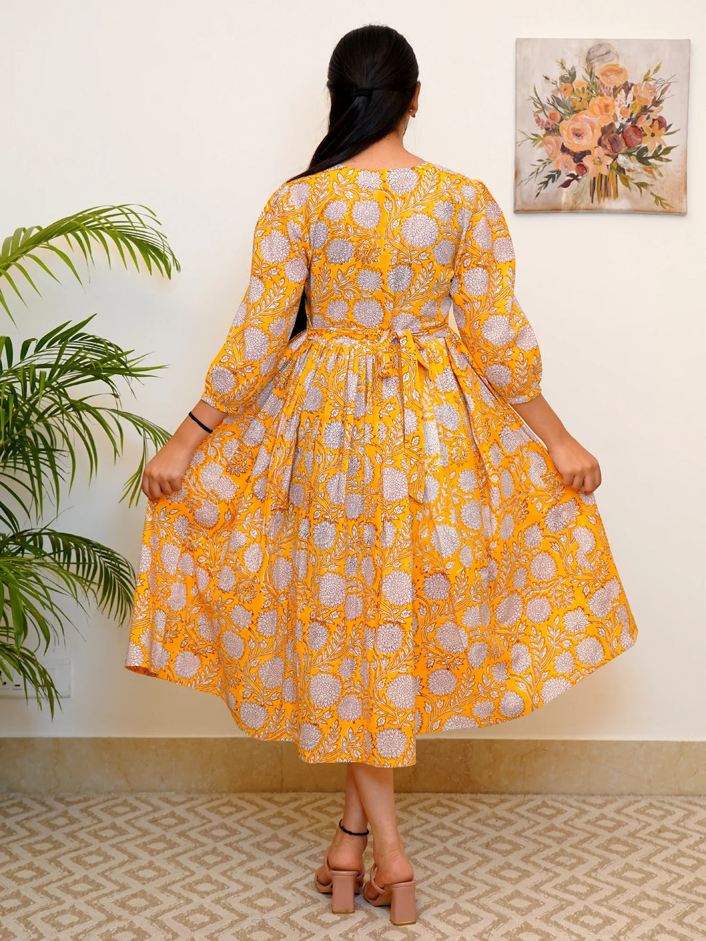 Vibrant Yellow Bloom Block Printed COTTON Dress