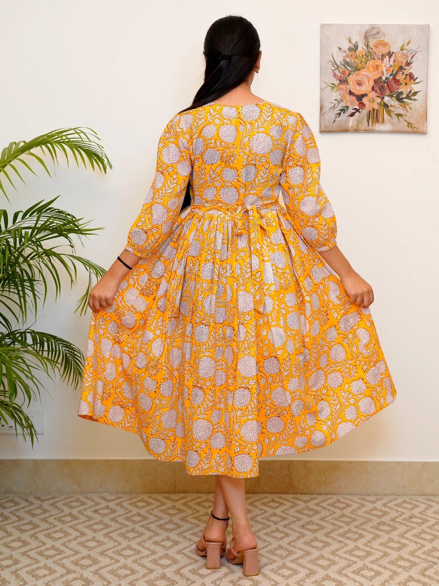 Vibrant Yellow Bloom Block Printed COTTON Dress