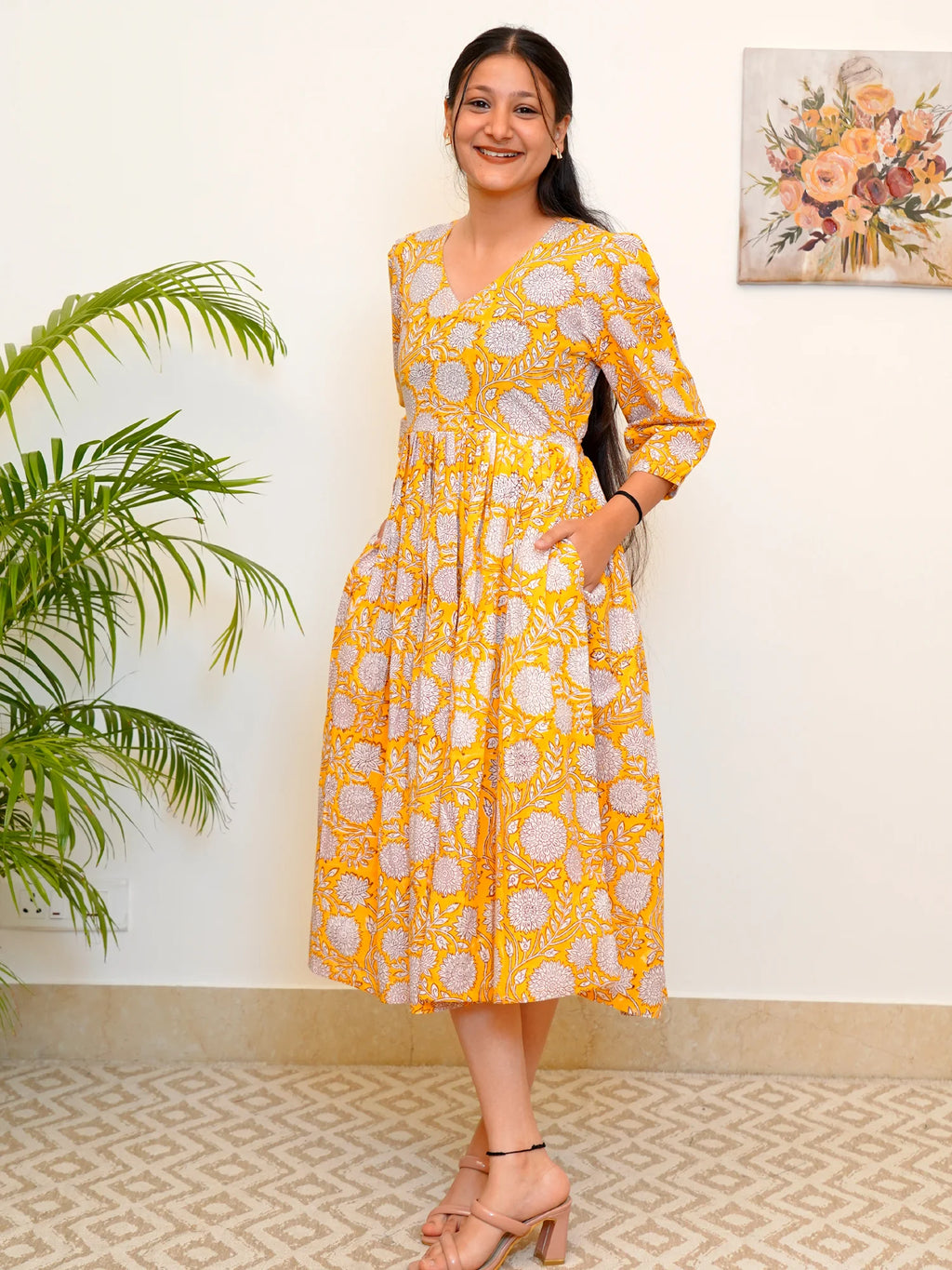 Vibrant Yellow Bloom Block Printed COTTON Dress